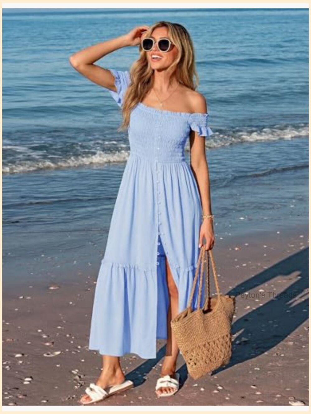 Midi Dress Square Neck Button Down Smocked Ruffle Strap Flowy Beach Sundress - Picture 6 of 7